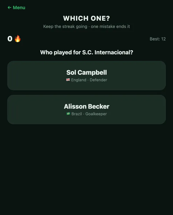 Which One? mode screen: two footballers and a question